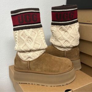 UGG Brown Suede Boots with Cream Knit Cuffs
